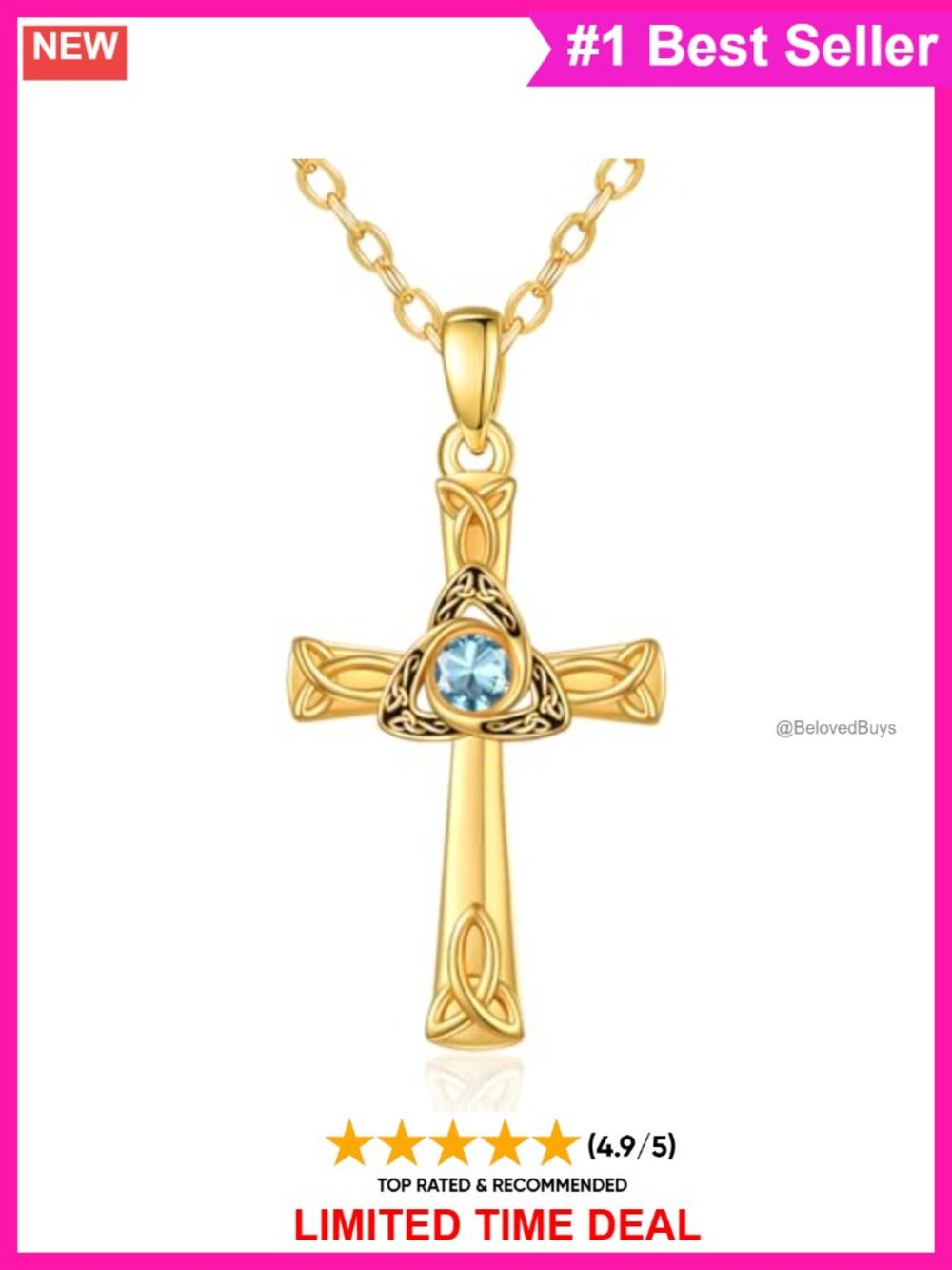 14K Gold Plated Celtic Cross Pendant Necklace Aquamarine Christian Gift